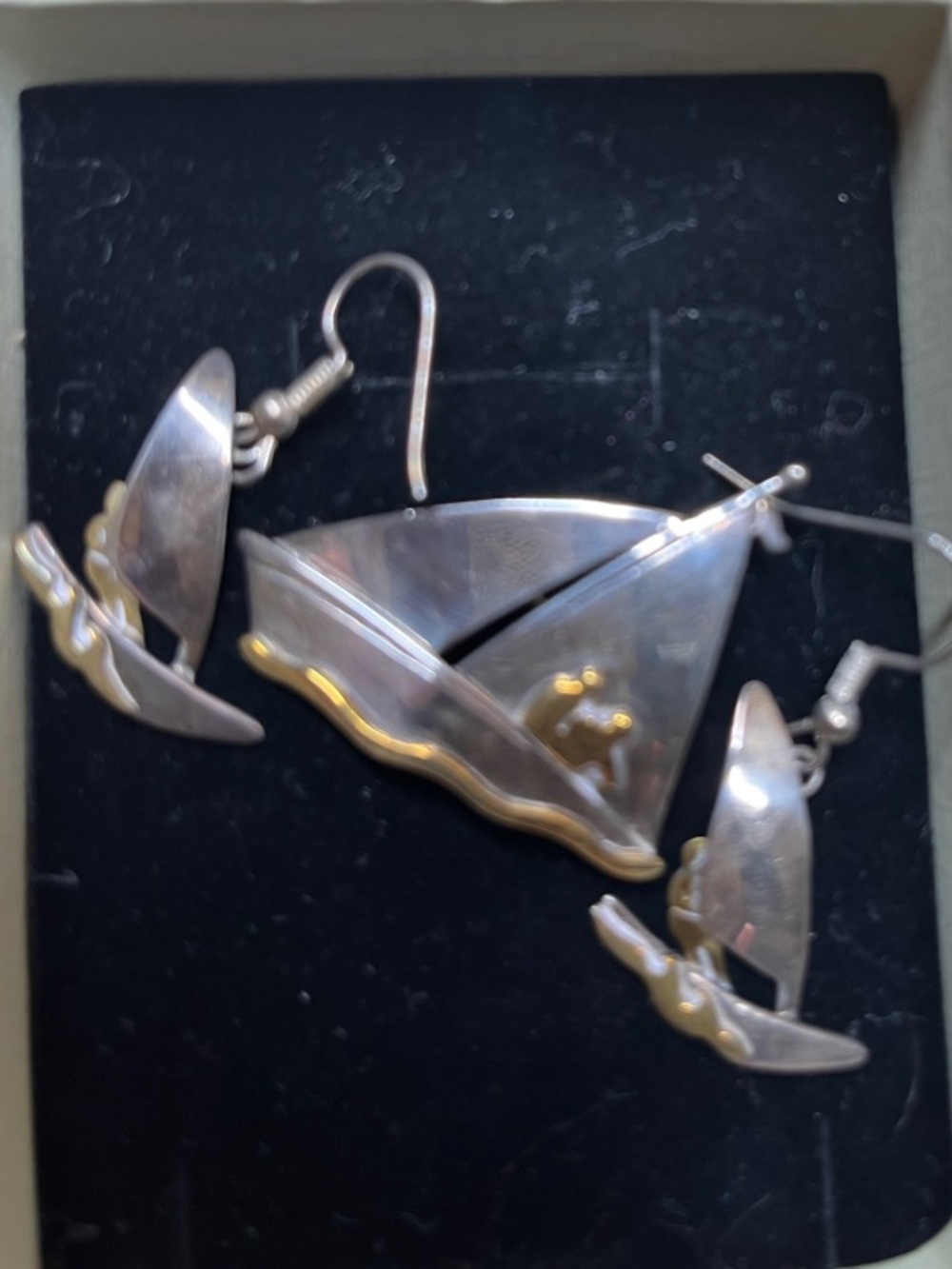 Sterling Silver 925  Sailboat Drop Earrings in Silver and Gold Accents